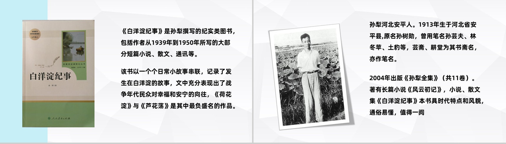 中国近代经典文学作品孙犁代表作《白洋淀纪事》名著赏析与好句摘抄PPT模板-5