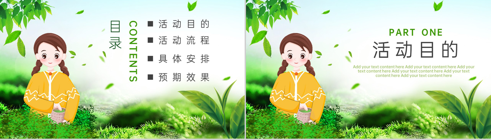 绿色清新卡通风春游采茶季茶叶采摘活动策划PPT模板-2